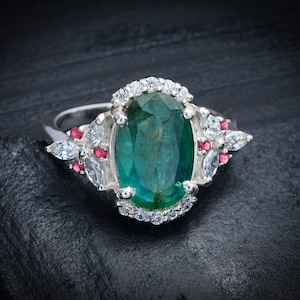 Green Emerald 925 Sterling Silver Gemstone Jewelry Ring - Green Emerald Minimalist Gemstone Christmas Gift Ring Jewellery Ring  Size 7 3/4