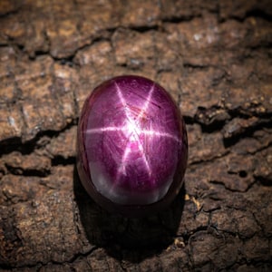 Puede incluir: Una gema de rubí estrella pulida, de forma ovalada. La gema de color rojo púrpura oscuro muestra un patrón de estrella de seis rayos en su superficie. La gema está sobre un fondo de madera marrón oscuro texturizado.