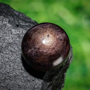 May include: A polished, spherical gemstone with a dark brown and purple color, resting on a rough, dark gray rock. The gem has a reflective surface with a bright white highlight. The background is a blurred green.