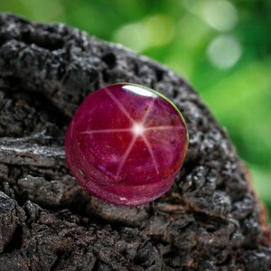 May include: A cabochon-cut ruby gemstone with a star effect, set against a dark, textured surface. The ruby is a deep red hue, displaying a six-rayed star. The background is a blurred green, with a focus on the gem.