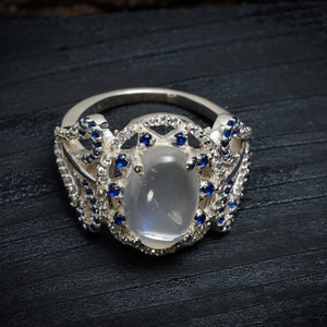 Regenboogmaansteenring, 925 sterlingzilveren ring, ovale maansteenring, bohoring, geboortesteenring, ring voor vrouwen, ringmaat 7,5