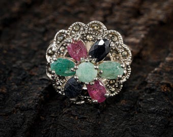 Emerald, Ruby & Sapphire 925 Sterling Silver Ring, Handmade Vintage Style Ring Size 5.5