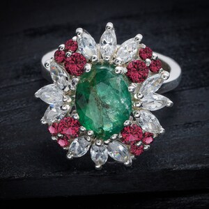 Green Emerald 925 Sterling Silver Gemstone Jewelry Ring - Green Emerald Minimalist Gemstone Christmas Gift Ring Jewellery Ring Size 7.5