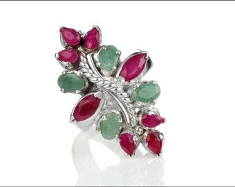 Emerald With Ruby 925 Sterling Silver Ring, Handmade Vintage Style Ring Size 5.5