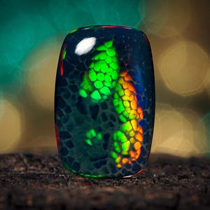 May include: A polished rectangular black opal gemstone featuring a vibrant mosaic pattern of neon green and fiery orange flashes. The stone has a smooth, rounded surface that reflects light, showcasing a deep dark base with intense color play.