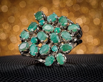 Natural Emerald Sterling Silver Ring, Vintage Style, May Birthstone