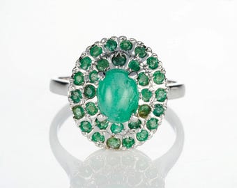Natural Emerald Sterling Silver Ring, Vintage Style, May Birthstone