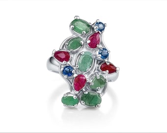 Emerald, Ruby & Sapphire 925 Sterling Silver Ring, Handmade Vintage Style Ring Size 5.5