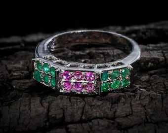 Ruby Emerald 925 Sterling Silver Ring, Handmade Cocktail Ring