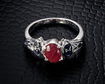 Ruby Sapphire 925 Sterling Silver Ring, Vintage Style
