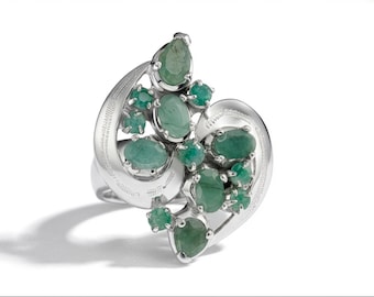 Natural Emerald Sterling Silver Ring, Vintage Style, May Birthstone