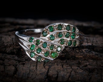 Natural Emerald Sterling Silver Ring, Vintage Style, May Birthstone