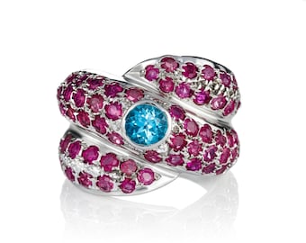Natürliche Rubin & Blautopas Ring - Edelsteine rund geschliffen, Handgemachter Ring aus 925 Sterling Silber