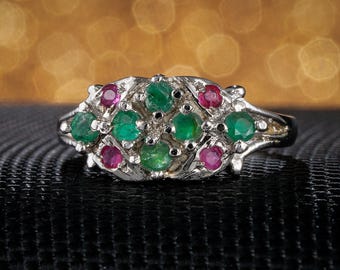 Sterling Silver Ring with Natural Ruby and Emerald Mix, Elegant Boho Jewelry for Her
