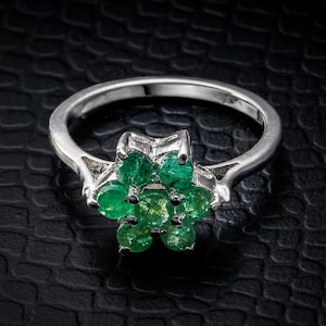 Emerald Ring, Natural Emerald 5-Stone Sterling Silver Ring for Women, May Birthstone Ring, Green Gemstone Ring, Gift for Her
