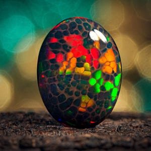 May include: An oval-shaped black opal gemstone featuring a vibrant mosaic pattern of iridescent red, orange, yellow, and green flashes set against a dark, honeycomb-like matrix. The polished surface reflects light with a high-gloss finish.