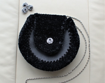 Crochet Black Velvet Bag, Leather Bag, Shoulder Strap Purse, Classic Purse, Black Purse, Minimalistic Purse, Woman Bag, Chain Strap Bag