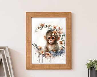 Baby Monkey Printable Wall Art Nursery Wall Art Instant Download Digital Download Cute Wall Art for Nursery Flower Floral Design