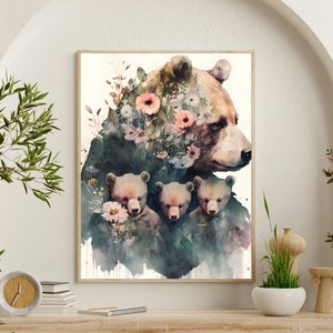 Mama Bear Printable Wall Art Flowery Momma Bear with Cubs Digital Art Instant Download Lodge Art Cabin Rustic Feel Gift for Nature Lover