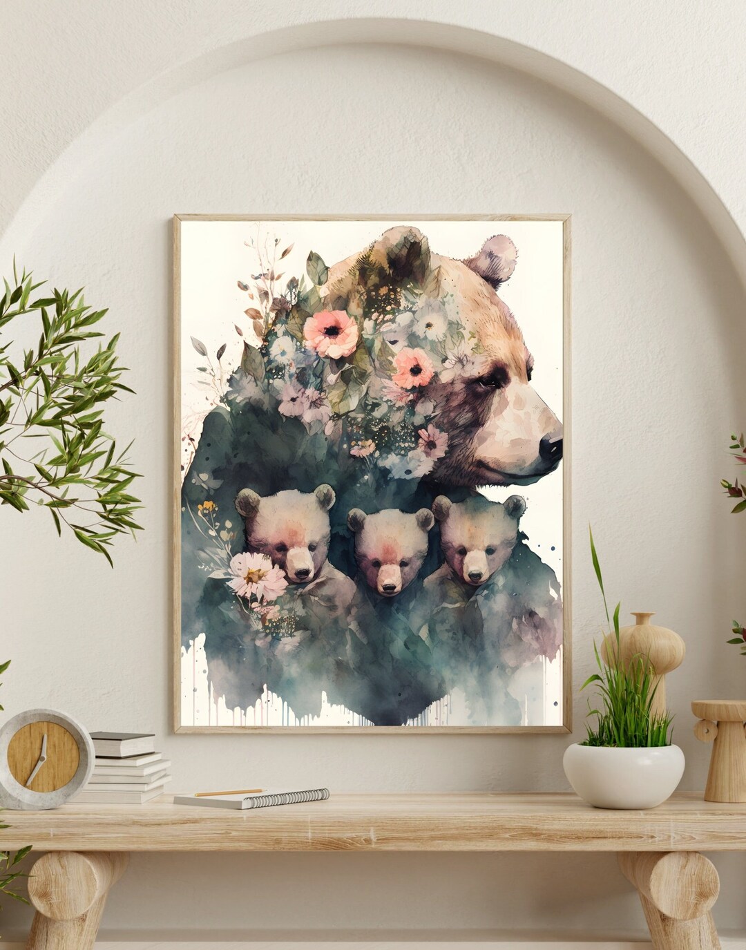 Mama Bear Printable Wall Art Flowery Momma Bear With Cubs Digital Art ...