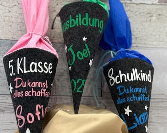 Schultüte, personalisiert, Schultüte aus Filz, Schulwechsel, 5. Klasse, Filz Schultüte, Zuckertüte, Rente, Kindergarten