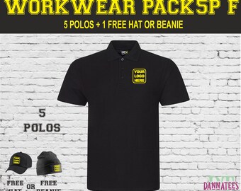 Workwear Package Printed 5x Polos + 1 Free Hat or Beanie, Personalised * XS to 8XL Mix sizes and colours