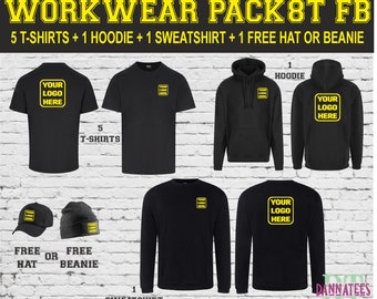 Workwear Package Printed 1x Hoodie 1x Sweatshirt 5x T-Shirts + 1 FREE HAT Personalised * XS to 6XL Mix sizes and colours