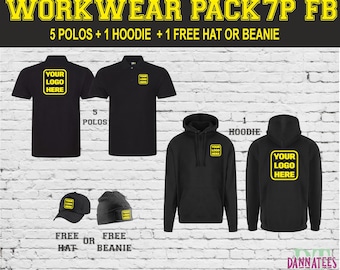Workwear Package Printed 1x Hoodie 5x Polos + 1 FREE HAT Personalised *S to 7XL Mix sizes and colours