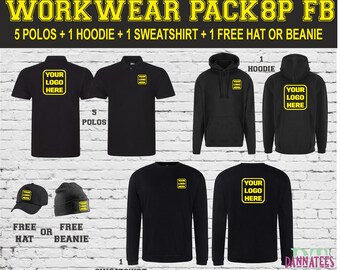 Workwear Package Printed 1x Hoodie 1x Sweatshirt 5x Polos + 1 FREE HAT Personalised *S to 7XL Mix sizes and colours