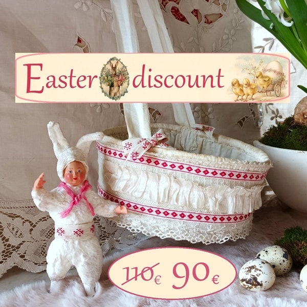 Antique boudoir basket covered with old fabric, lace, silk ribbon + Easter Bunny doll in spun cotton/French Folk Art 1900/Vintage Romantic