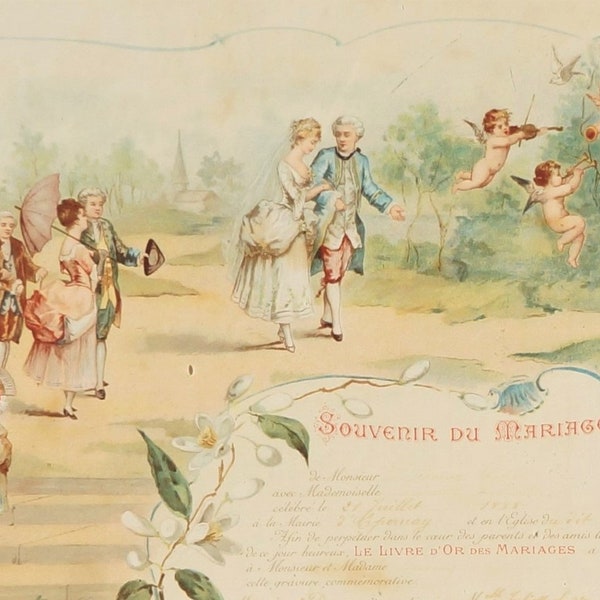 Unique Antique wedding painting/Frame/Authentic handwritten French document dated 1888/Engraving faded color/Bridal memory/Romantic Brocante