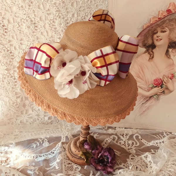RARE Antique little girl straw hat/Child, Doll/Authentic French 1900s/Silk Purple-gold ribbon bow Silk flowers Straw lace/Romantique boudoir