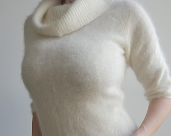 Vintage weißer, kuscheliger Rollkragenpullover