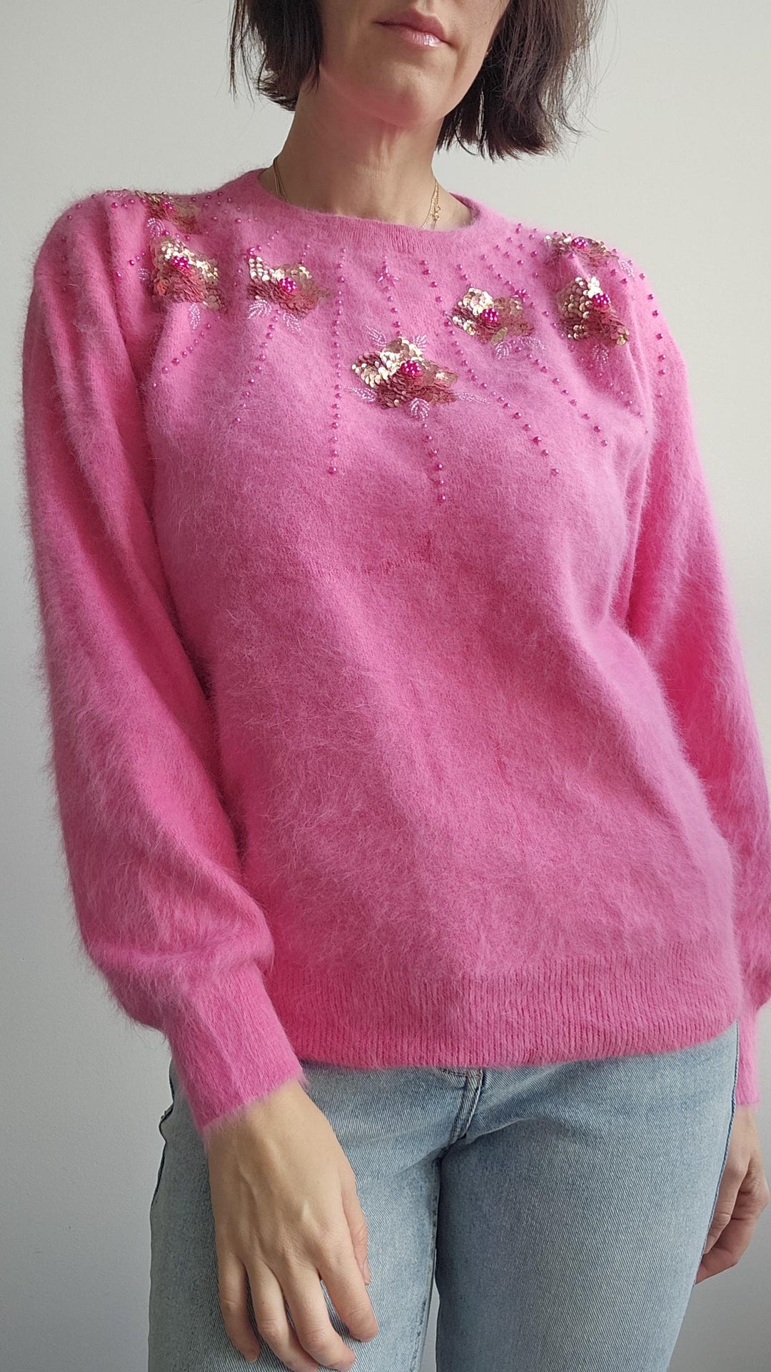80's Black Angora Sweater with Leather Rose