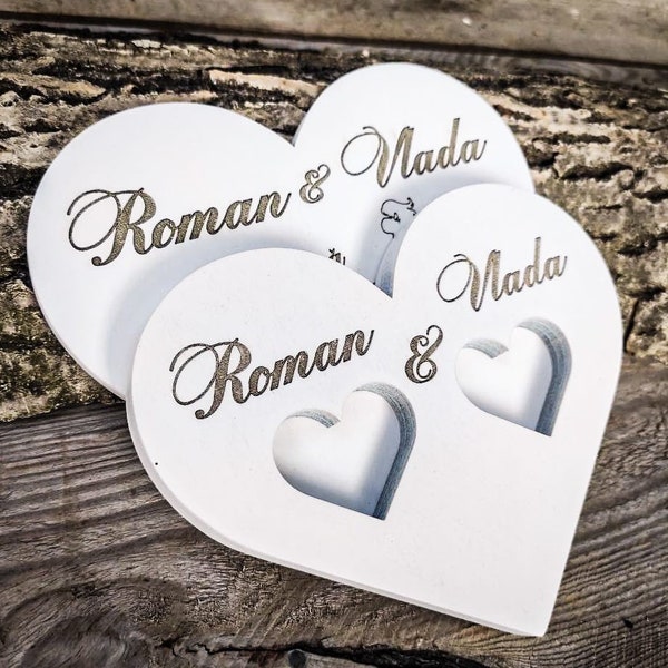 Wedding ring box, Rings Holder Heart, Elegant Wooden Wedding Ring Carrier: Customizable Heart-shaped Holder for Unforgettable Memories