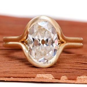 Floating Old Mine Cut Oval Moissanite Engagement Ring, Split Shank, Yellow Gold Matte Finish