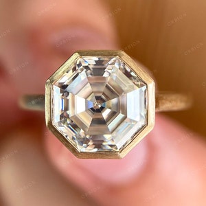 Asscher Cut Moissanite Ring, Asscher Engagement Ring, Octagon Ring Gold, Asscher Bezel Ring, Satin Finish Cathedral Yellow Gold Ring