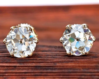 OEC Off White Moissanite Stud Earrings Gold, Vintage Style, 7 MM Round