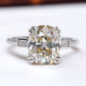 3 CT Old Mine Elongated Cushion GHI Moissanite Engagement Ring, White Gold Three Stone Ring, Baguettes Side Stone, Vintage Solitaire Ring