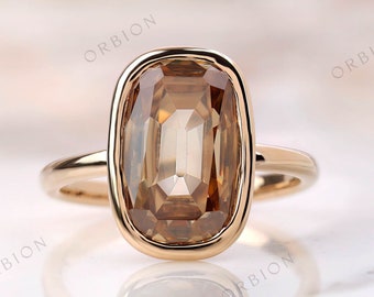Elongated Cushion Champagne Moissanite Bezel Ring, 5.50 Ct Solitaire, Yellow Gold
