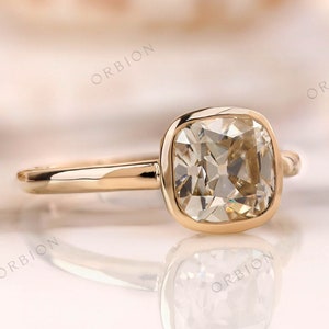 7.5 MM Old Mine Cut Off-White Cushion Moissanite Ring, Vintage Style Bezel Set Cushion Cut Ring, Unique Promise Ring For Her, Old Cut Ring
