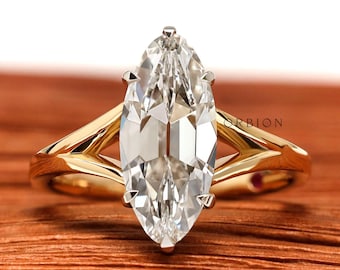 2 CT Antique Cut Moval Lab Grown Diamond Split Shank Engagement Ring, 14k Two Tone Gold