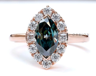 Bold and Beautiful Dark Blue Green Marquise Moissanite Ring - Stunning Rose Gold Cluster Ring for Her, Elegant Rose Gold Engagement Ring