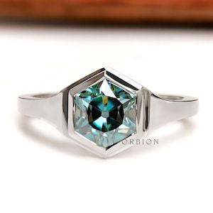 Old Mine Cut Hexagon Blue Green Moissanite Ring, Vintage Engagement Ring, Solitaire Wedding Ring, White Gold Ring, Unique Bezel Ring For Her