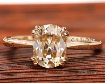 Elongated Cushion Light Champagne Moissanite Engagement Ring, Old Mine Cut, 1.5 CT, 14k Yellow Gold