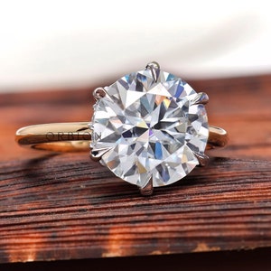 10 MM Brilliant Cut Round Moissanite Ring, Hidden Halo Engagement Ring, 14K Solid Gold Two Tone Ring, Large Stone Ring, Solitaire Ring Women
