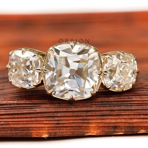 Three Stone Vintage Wedding Ring, OMC Cushion Moissanite Three Stone Ring, Georgian Ring for Her, Old Mine Cut, Three Stone Engagement Ring
