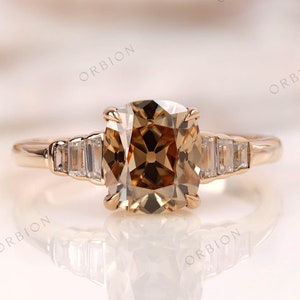 Elongated Cushion Champagne Moissanite Ring, Champagne Engagement Ring, Old Mine Cut Ring, Cluster Wedding Ring, Solid Gold Statement Ring