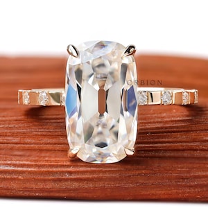 Elongated Cushion Cut Engagement Ring, Cushion Moissanite Ring, Old Mine Cut Ring, Yellow Gold Solitaire Ring, Accented Shank Bridal Ring