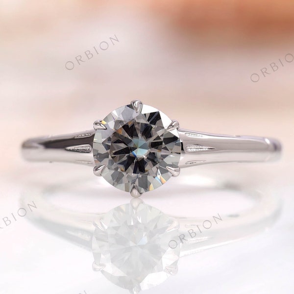 Round Cut Grey Moissanite Engagement Ring White Gold, Georgian Style